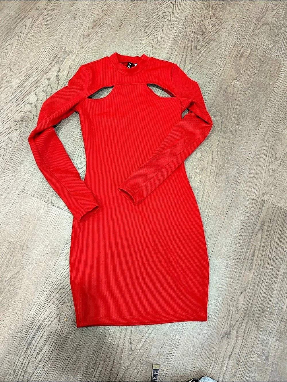 H&M Divided Red Ribbed Bodycon Mini Dress Cutout Long Sleeve XS